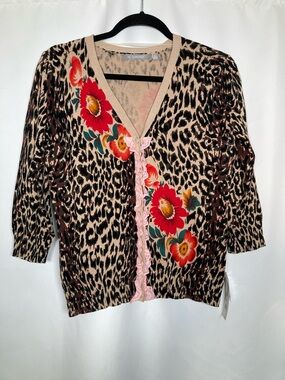 NY Collection Leopard & Floral Knit Cardigan Sweater Size M Maximalist Western